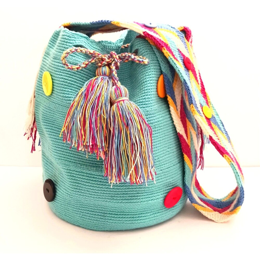 Wayuu Mochilla Turquoise Woven Bucket Crossbody Multicolor Strap Button Accents